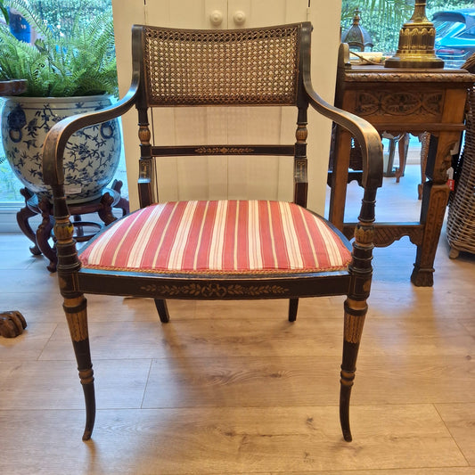 Regency‑Style Armchair with Cane Back and Striped Seat
