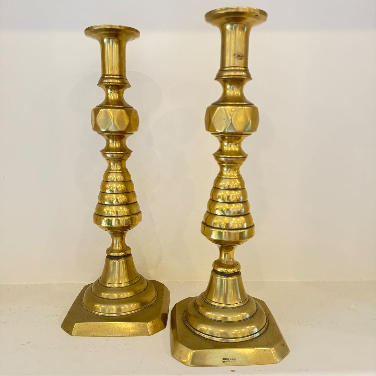 A pair Tall of Victorian Beehive Brass Candlesticks