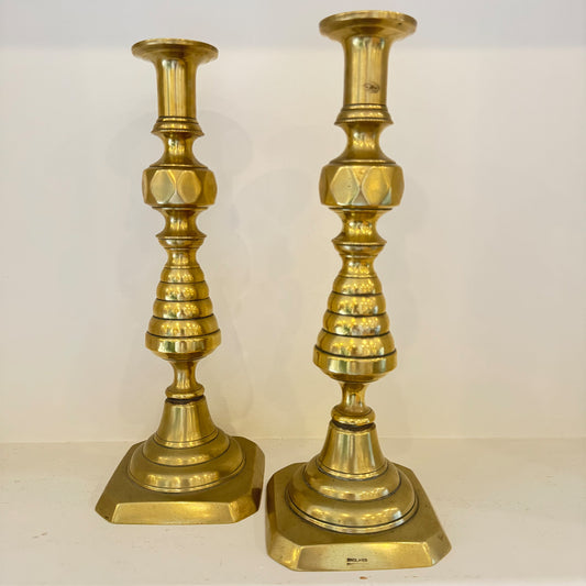 A pair Tall of Victorian Beehive Brass Candlesticks