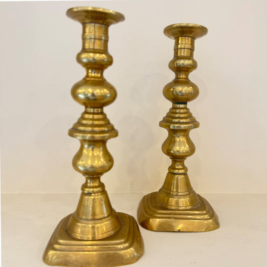 A pair of Short Victorian Beehive Brass Candlesticks