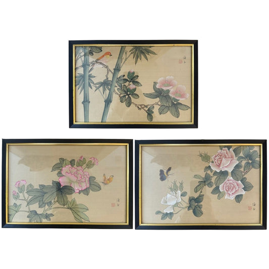 A Set of Three Hand Painted Chinese Artworks On Silk