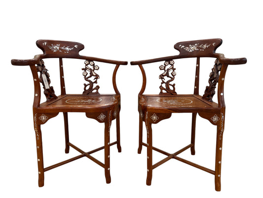 A Pair Of Oriental Mother-of-Pearl Inlaid Rosewood Chairs – Mid-20th Century