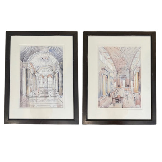 Pair Of Architectural Pen And Ink Drawings